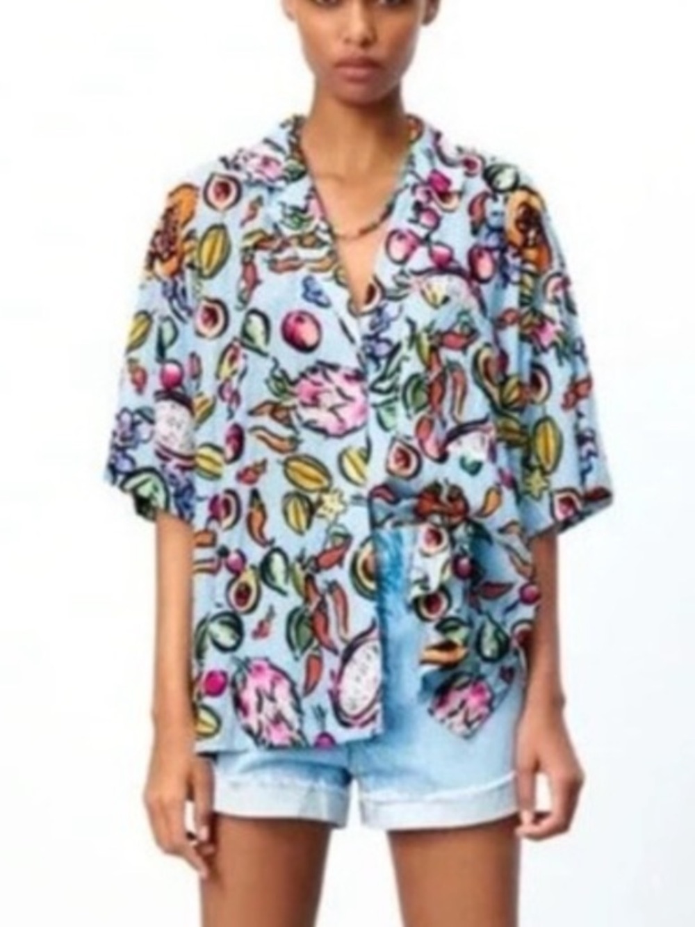 Zara Multicolored Fruit Printed Oversized Crinkle Top Size Small